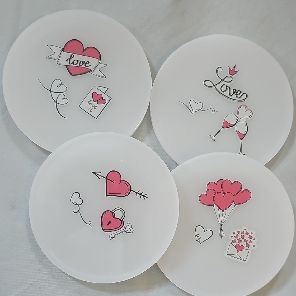 Hand Crafted White and Pink Love-Themed Coaster Set